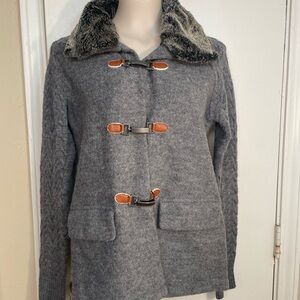 Gray Toggle Wool Coat with Faux Fur Collar
